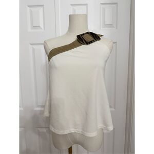 Masavi Womens White Tan Modal Blend Asymmetric Woven One Shoulder Top Small
